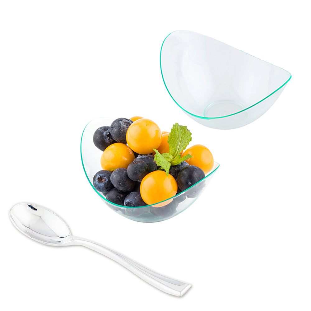 100 2 oz Oval Seagreen Plastic Alato Tasting Dish and 100 Silver Plastic 4" Mini Spoons