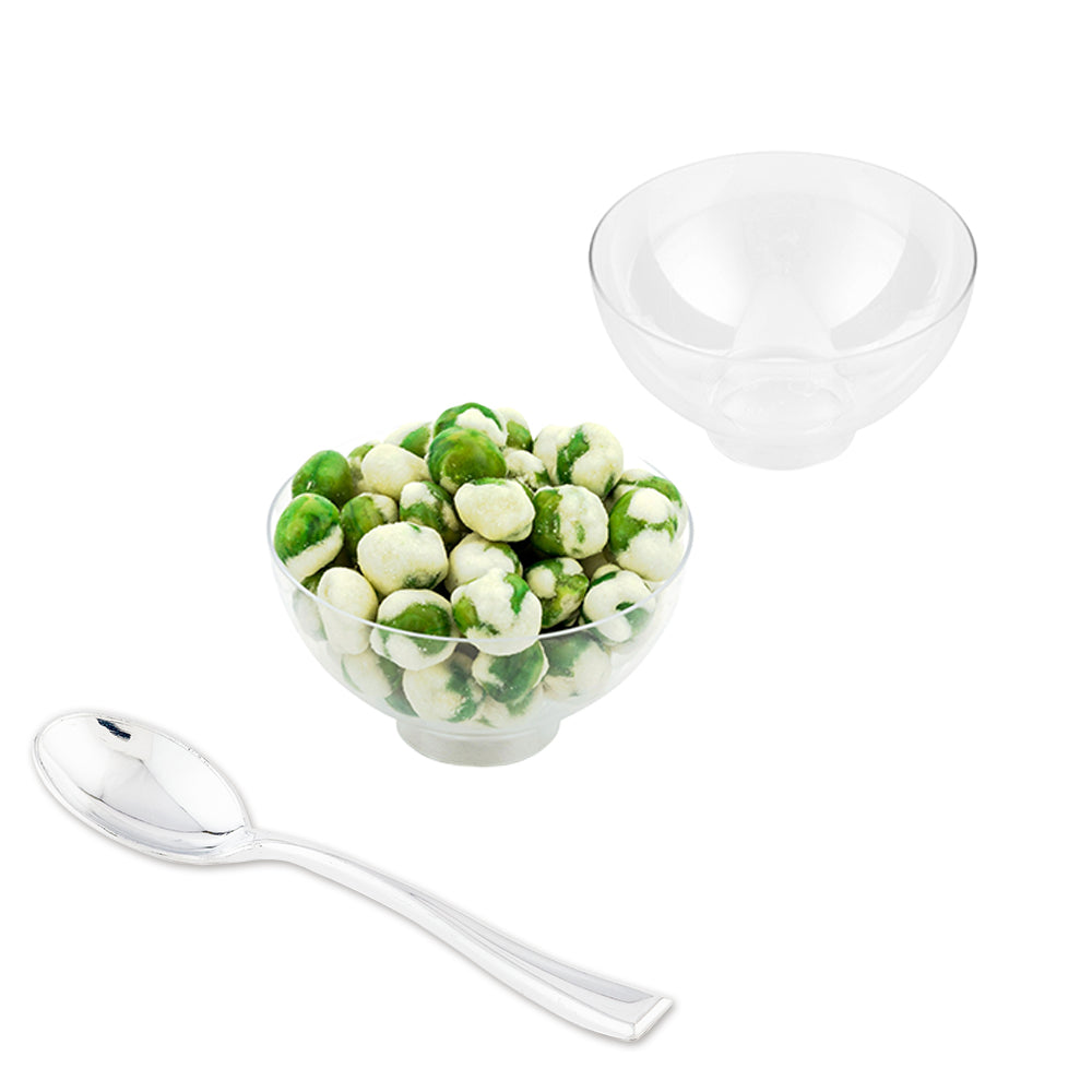 100 2 oz Round Clear Plastic Coppa Bowls and 100 Silver Plastic 4" Mini Spoons