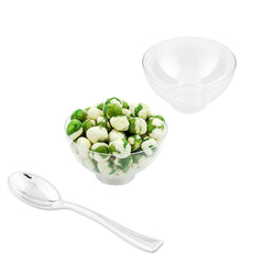 100 2 oz Round Clear Plastic Coppa Bowls and 100 Silver Plastic 4