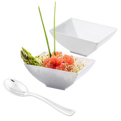 100 3 oz Rectangle White Plastic Small Architetto Bowls and 100 Silver Plastic 4