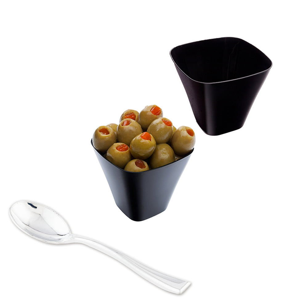 100 4 oz Square Black Plastic Bellissima Tasting Cups and 100 Silver Plastic 4" Mini Spoons