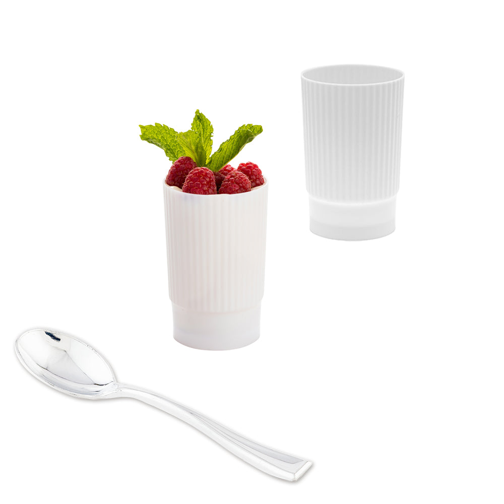 100 4 oz White Plastic Toque Parfait Cups and 100 Silver Plastic 4" Mini Spoons