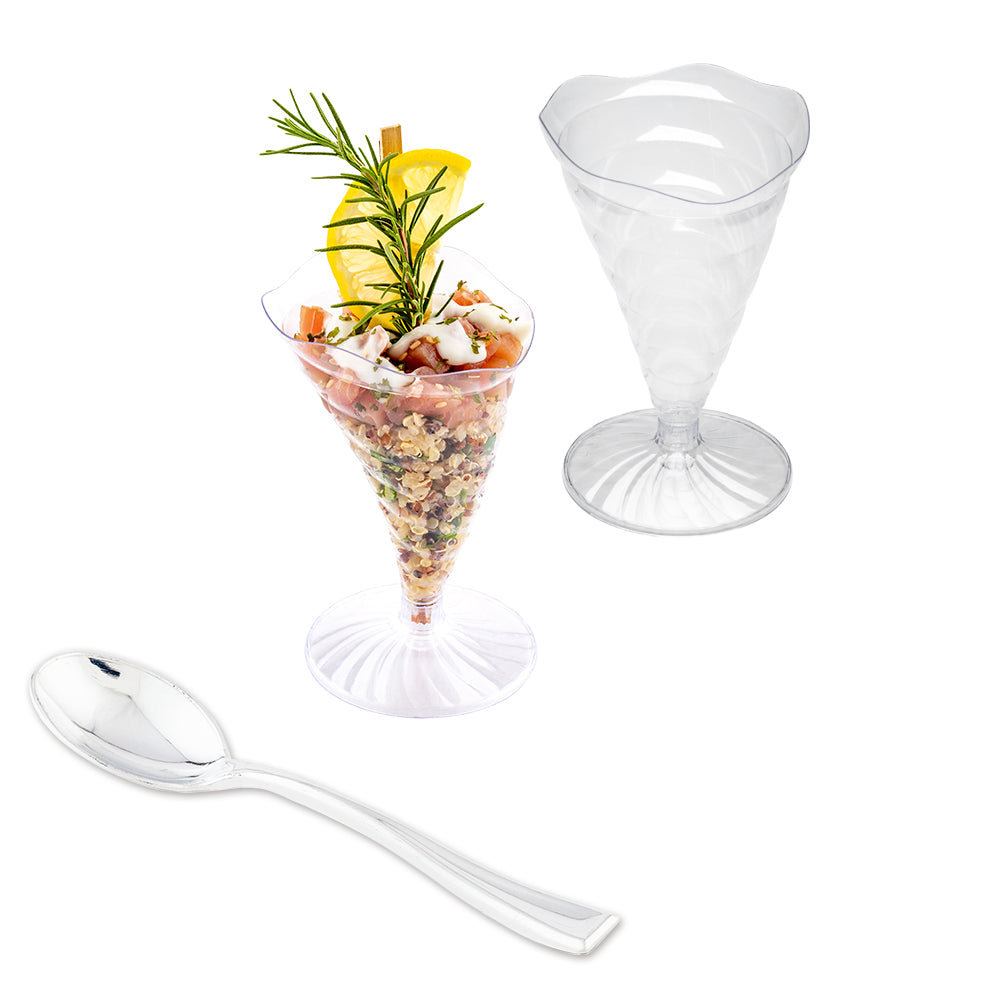 100 3 oz Clear Plastic Nautilus Appetizer Cones and 100 Silver Plastic 4" Mini Spoons