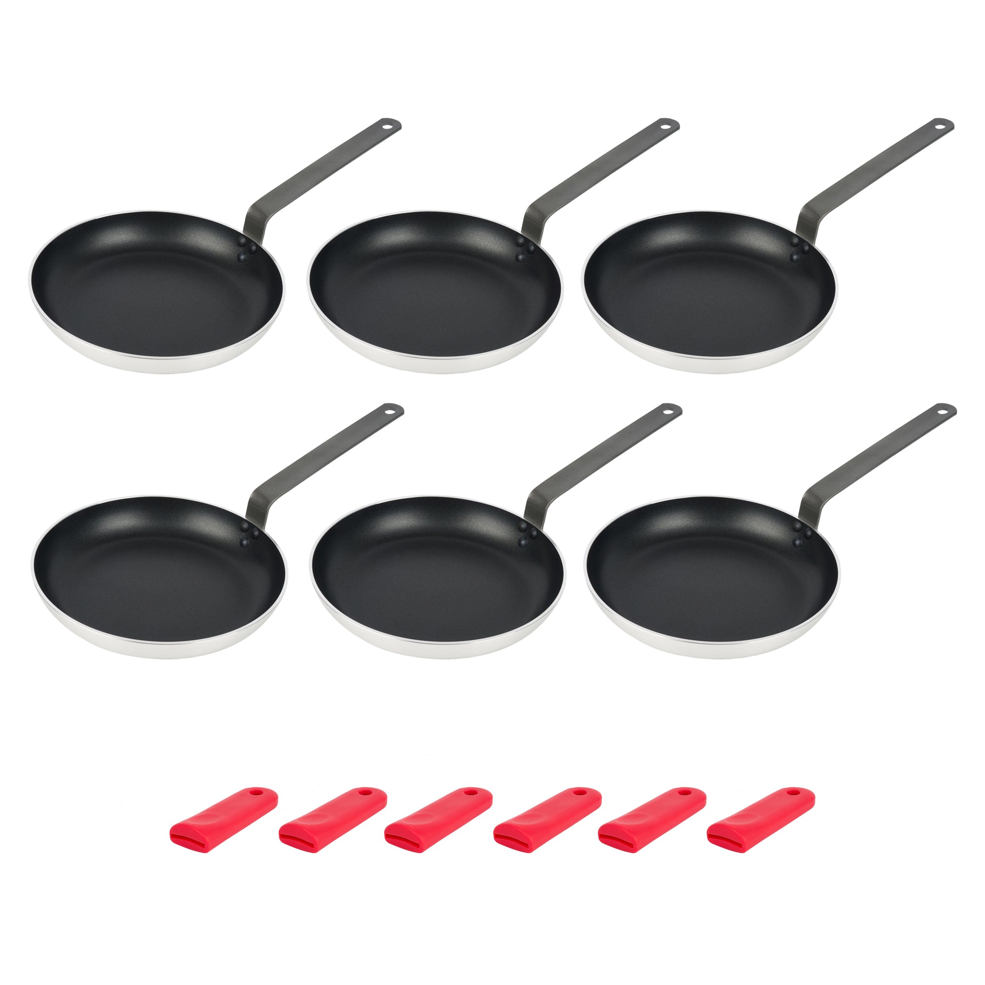 Met Lux 6 Aluminum 11" Induction Ready Fry Pans and 6 Red Silicone Pan Handle Sleeves