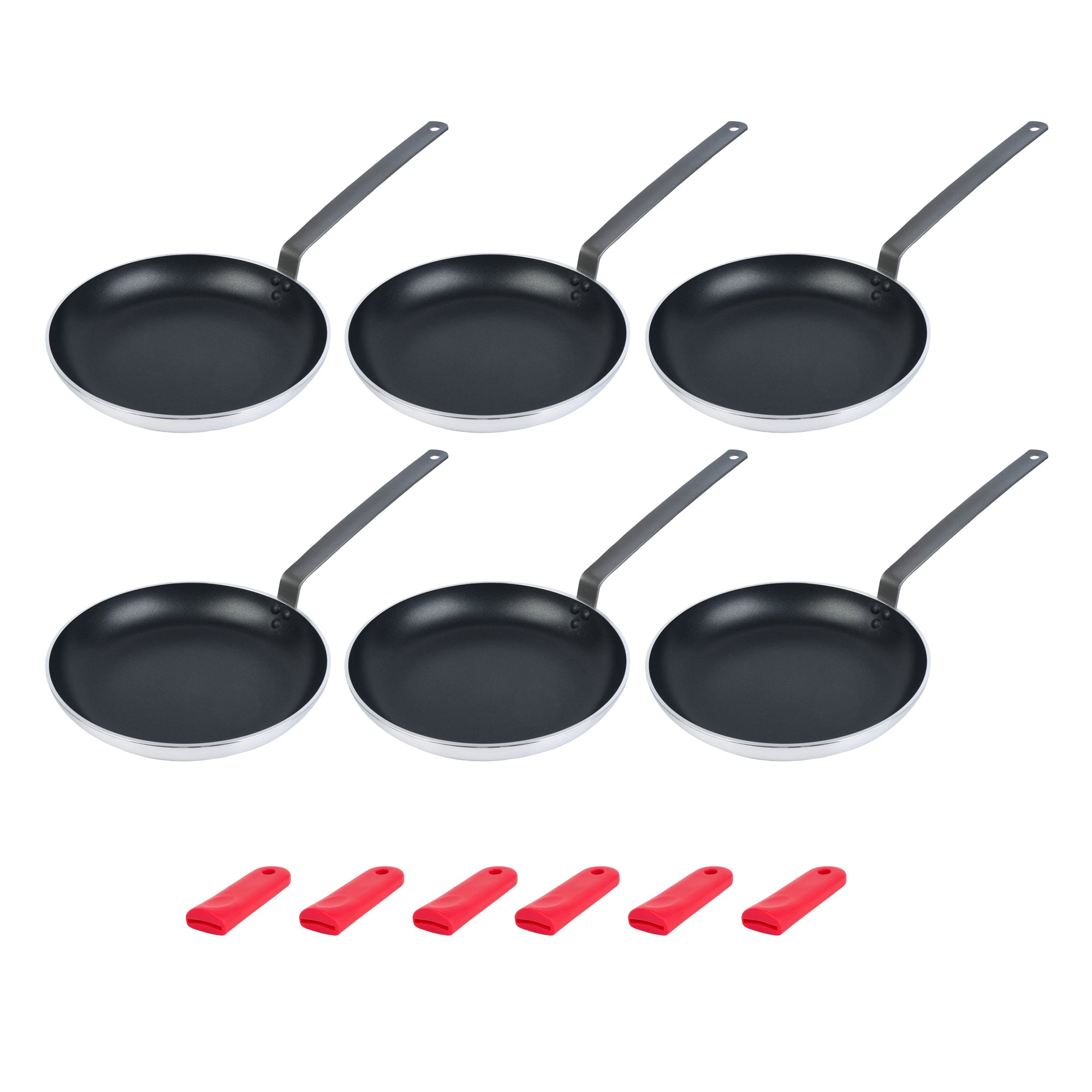 Met Lux 6 Aluminum 13" Induction Ready Fry Pans and 6 Red Silicone Pan Handle Sleeves