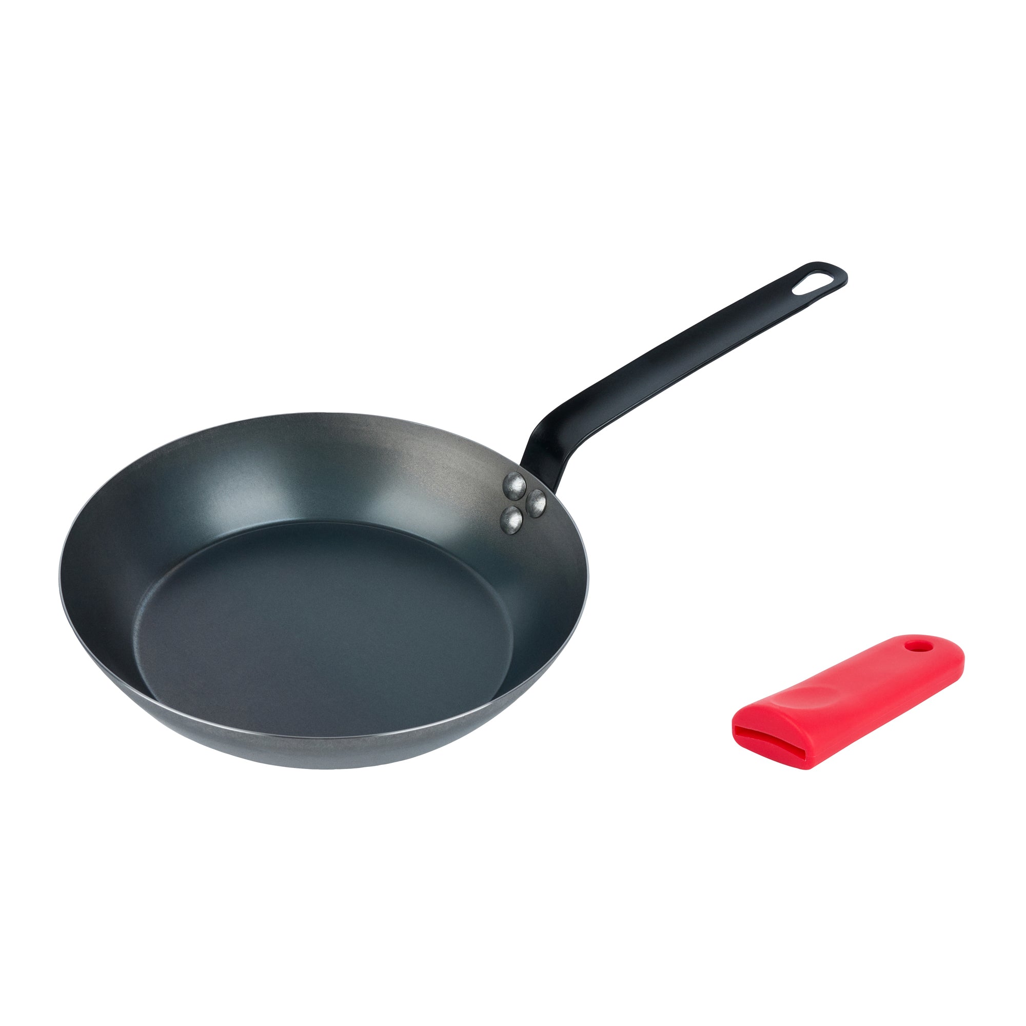 Met Lux 1 Black Carbon Steel 10" Pre-Seasoned Fry Pan and 1 Red Silicone Pan Handle Sleeve