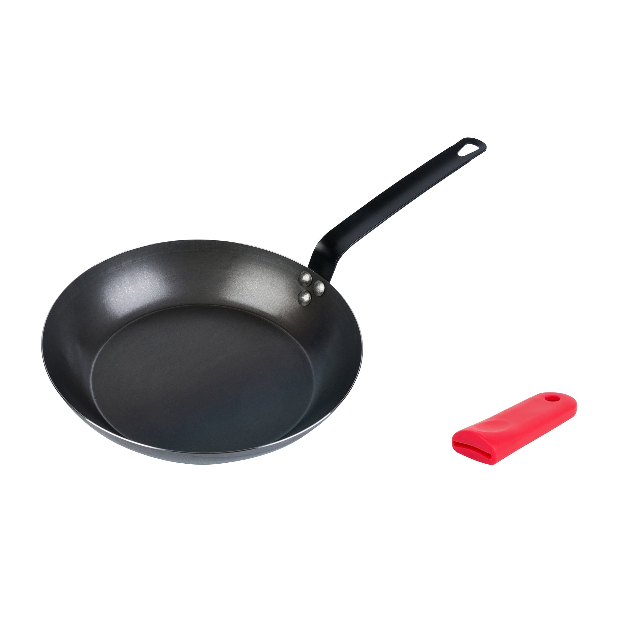 Met Lux 1 Black Carbon Steel 11" Pre-Seasoned Fry Pan and 1 Red Silicone Pan Handle Sleeve