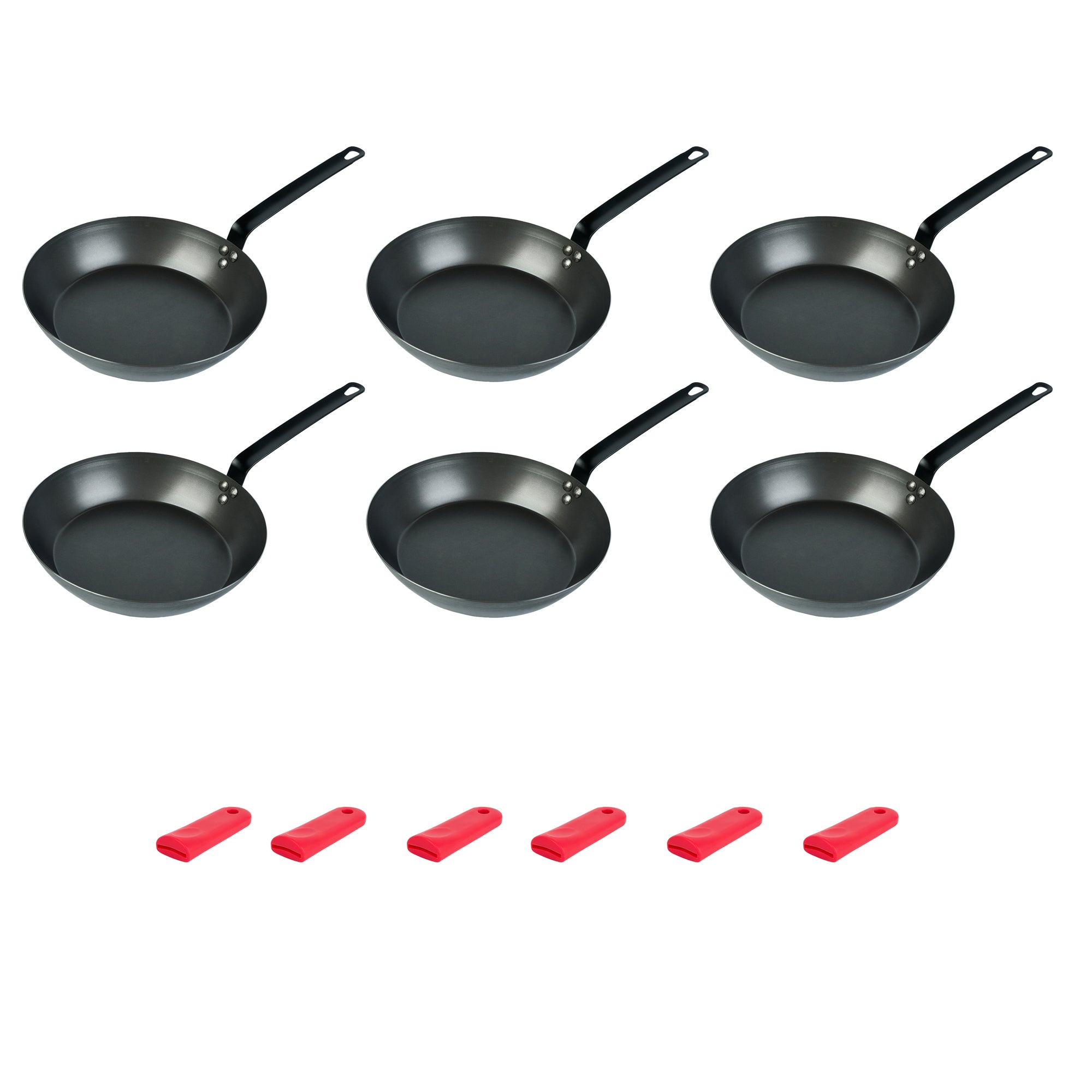 Met Lux 6 Black Carbon Steel 12" Pre-Seasoned Fry Pans and 6 Red Silicone Pan Handle Sleeves