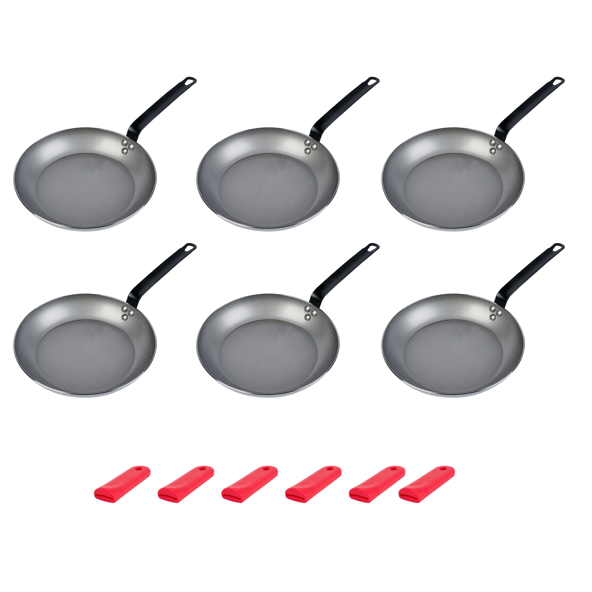 Met Lux 6 Carbon Steel 11" Non-Stick Fry Pans and 6 Red Silicone Pan Handle Sleeves