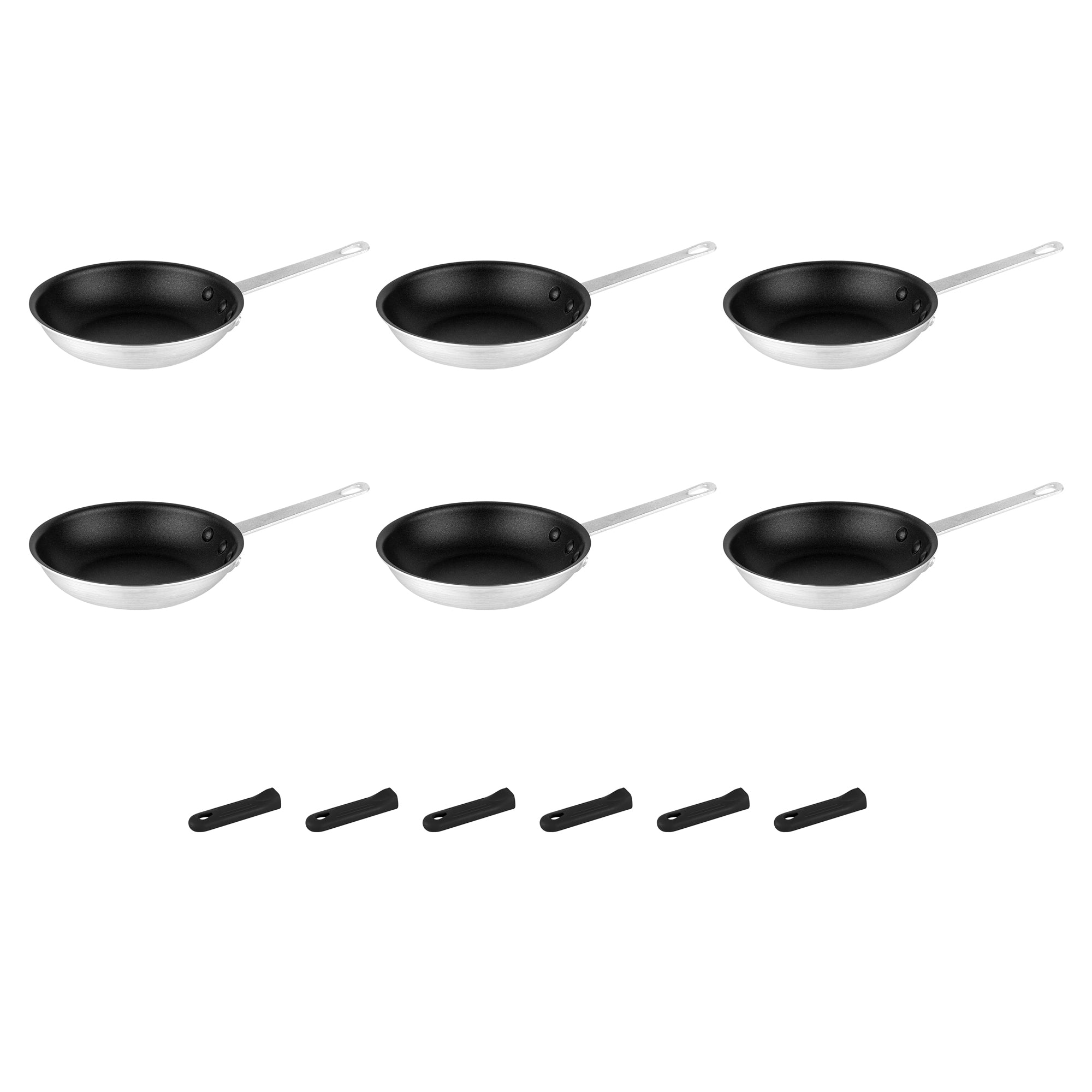 Met Lux 6 Aluminum 8" Non-Stick Fry Pans and 6 Black Silicone Pan Handle Sleeves