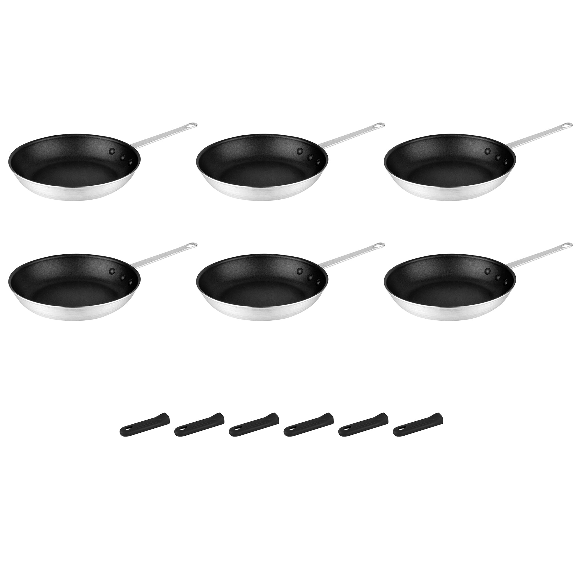 Met Lux 6 Aluminum 10" Non-Stick Fry Pans and 6 Black Silicone Pan Handle Sleeves