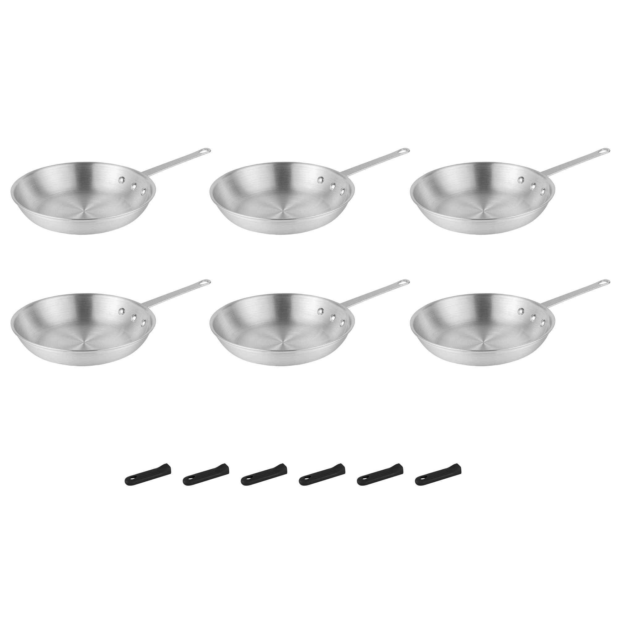 Met Lux 6 Aluminum 10" Fry Pans and 6 Black Silicone Pan Handle Sleeves