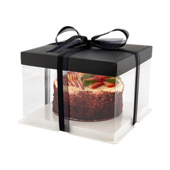 Sweet Vision Square Clear Plastic Cake Box - Black Lid and White Base, Black Ribbon - 8 1/2