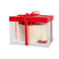 Sweet Vision Square Clear Plastic Cake Box - Red Lid and White Base, Red Ribbon - 8 1/2