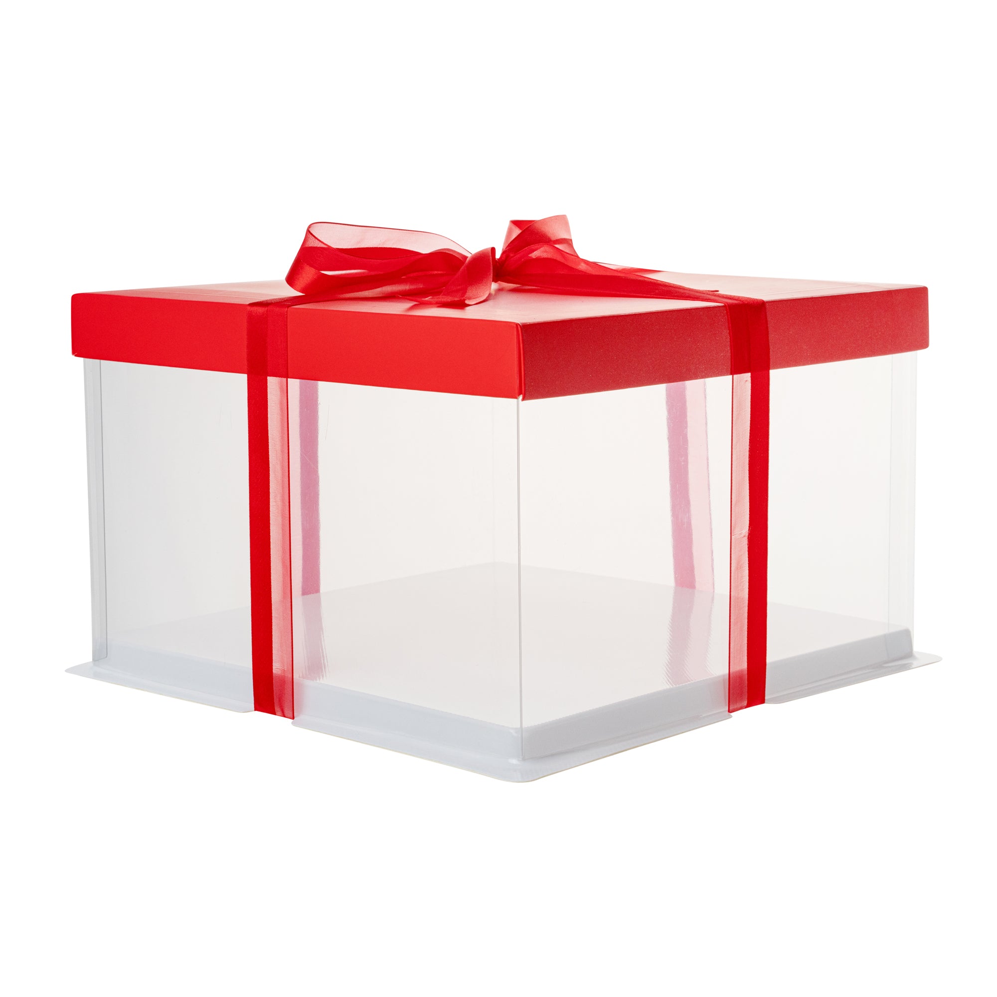 Sweet Vision Square Clear Plastic Cake Box - Red Lid and White Base, Red Ribbon - 10" x 10" x 8 1/4" - 10 count box