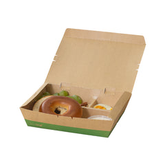 Eco Tek 51 oz Rectangle Kraft and Green Paper Bento Box - 3-Compartment, Compostable - 9 1/2