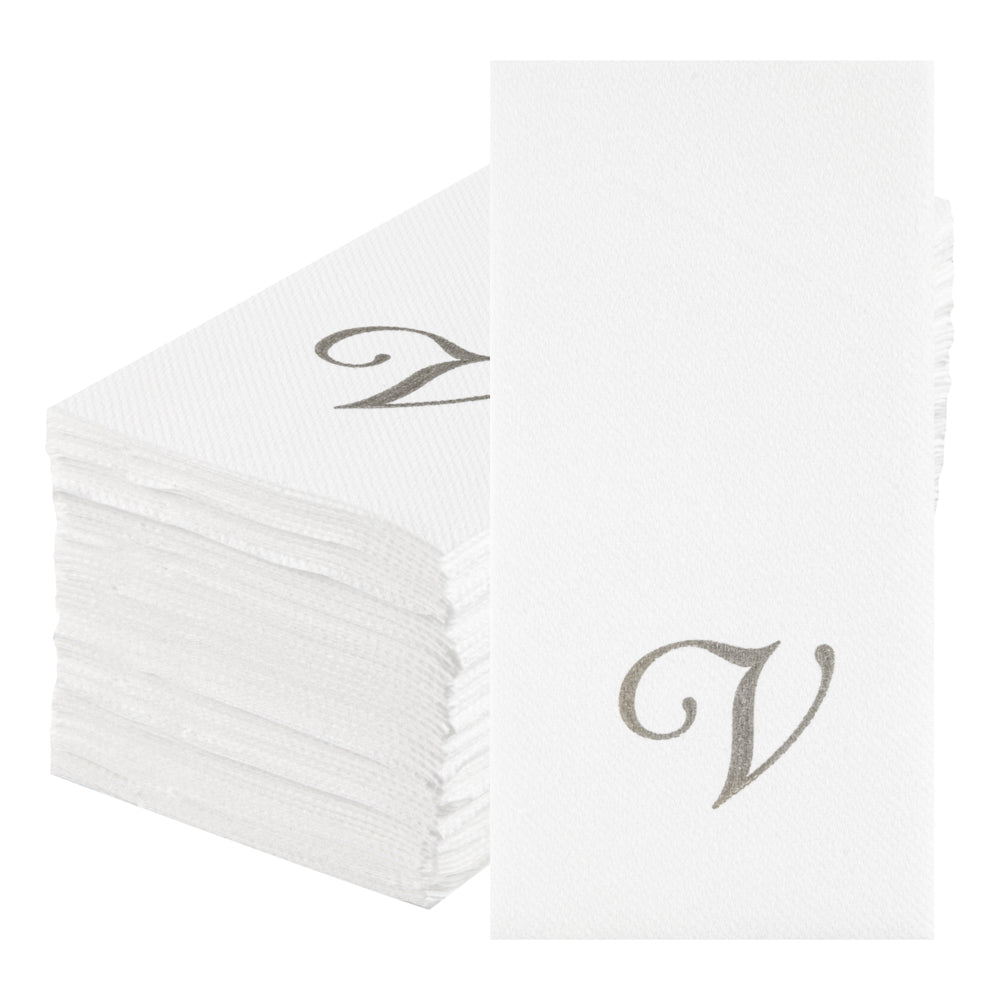 Luxenap Rectangle Silver Letter V White Paper Linen-Feel Guest Towel / Napkin - Air Laid, Cursive Font - 15 3/4" x 8" - 2000 count box