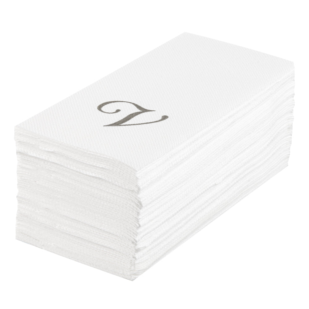 Luxenap Rectangle Silver Letter V White Paper Linen-Feel Guest Towel / Napkin - Air Laid, Cursive Font - 15 3/4" x 8" - 2000 count box