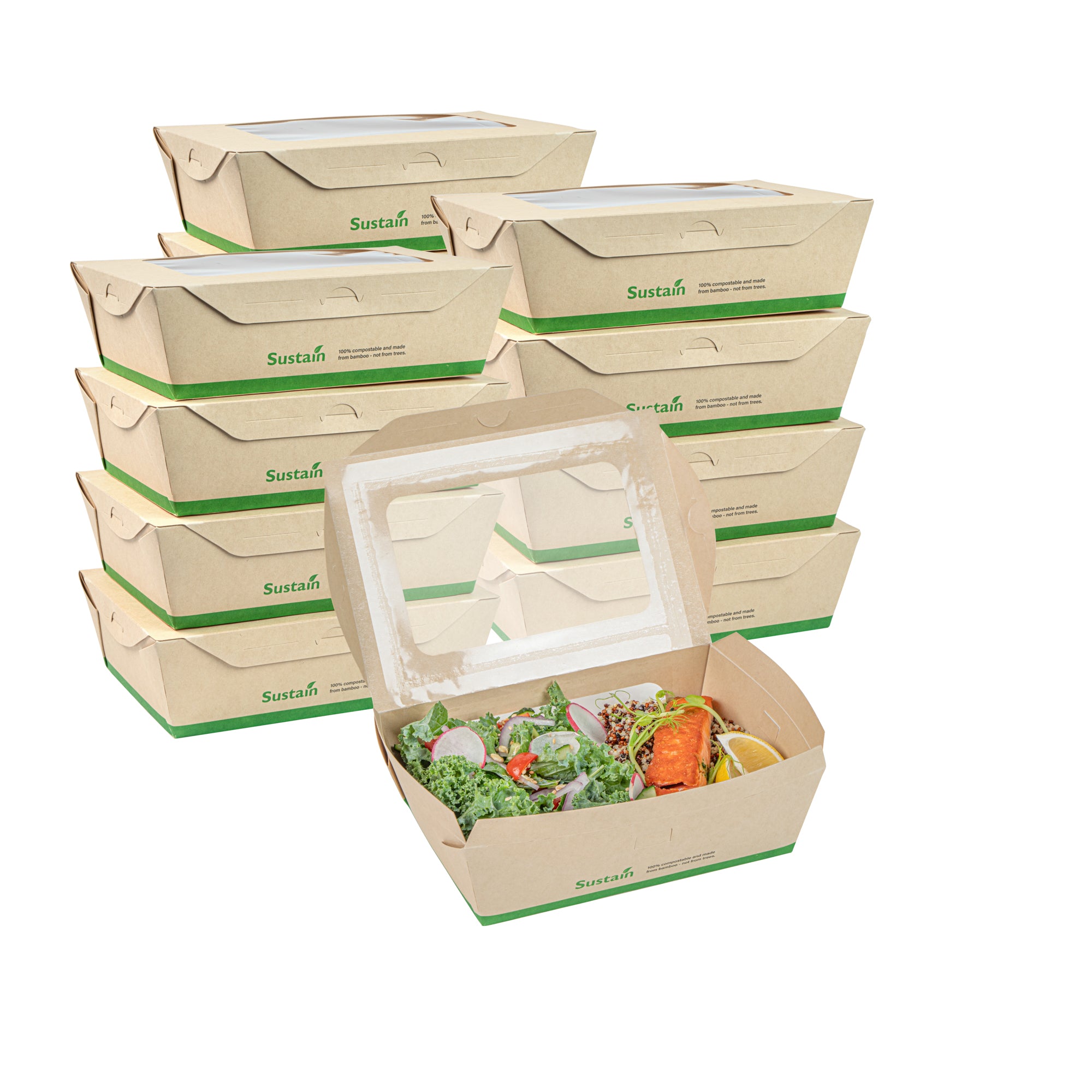 Sustain 57 oz Bamboo Paper Extra Large Bio Lunch Box - with PLA Lining and Windows, Compostable - 8" x 5 1/2" x 2 1/2" - 200 count box