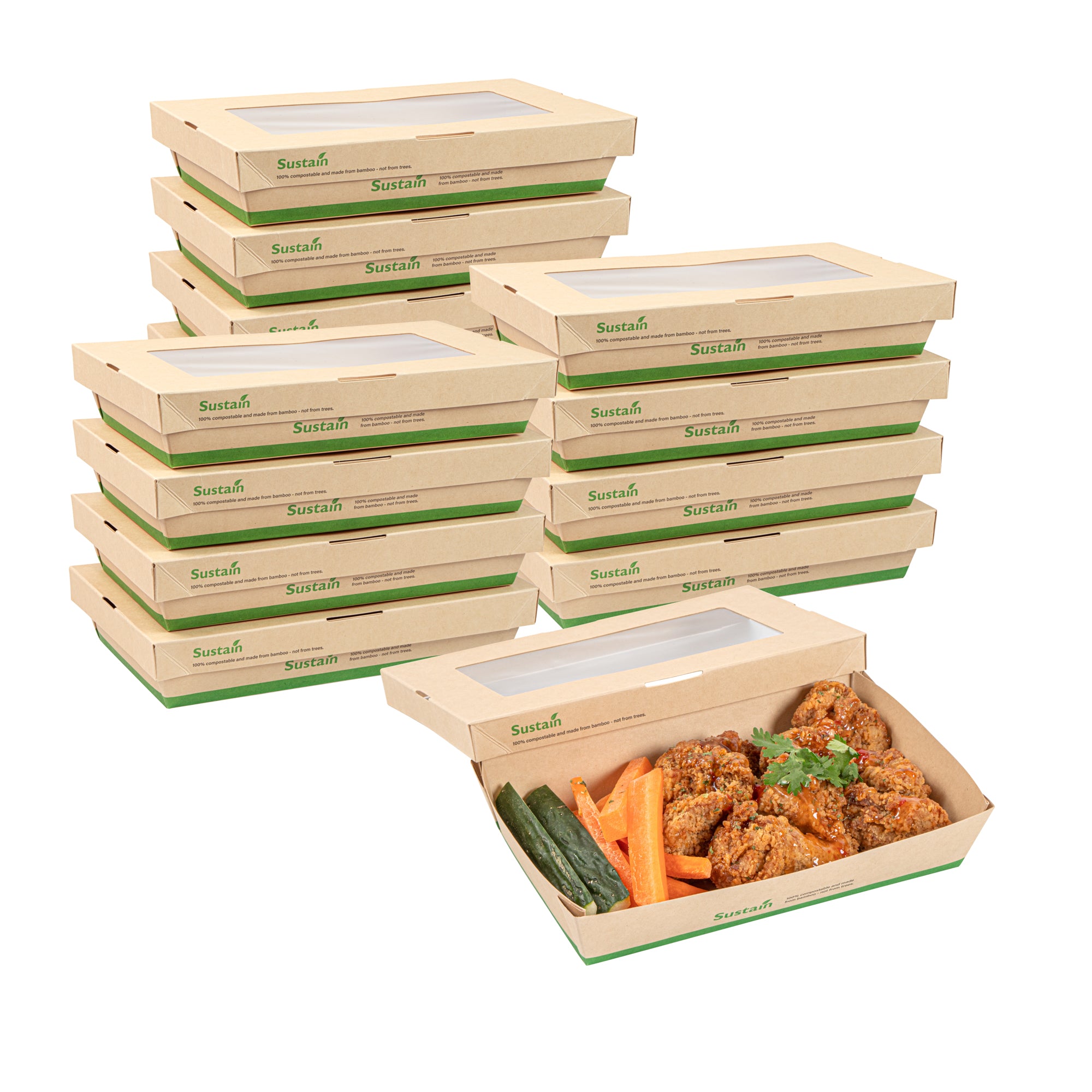 Sustain 34 oz Bamboo Paper Large Take Out Container - with PLA Lining and Window, Compostable - 8 1/2" x 5 1/4" x 1 1/2" - 200 count box