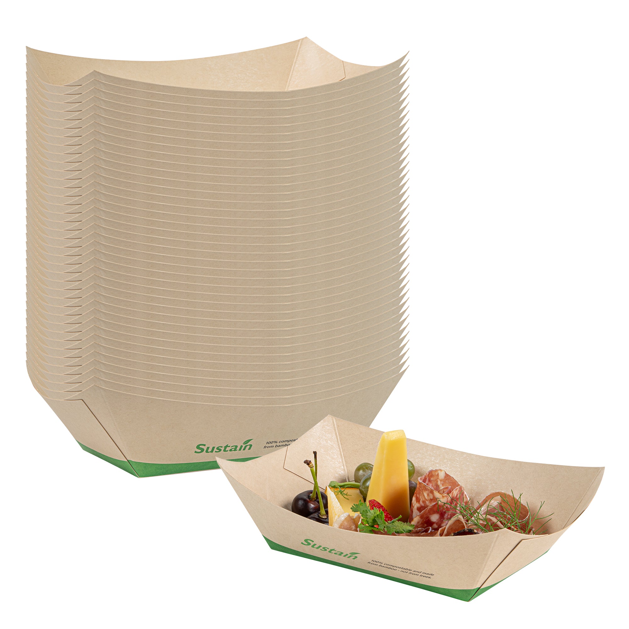 Sustain 1 lb Bamboo Paper #100 Boat - with PLA Lining, Compostable - 5 1/2" x 3 1/2" x 2" - 200 count box