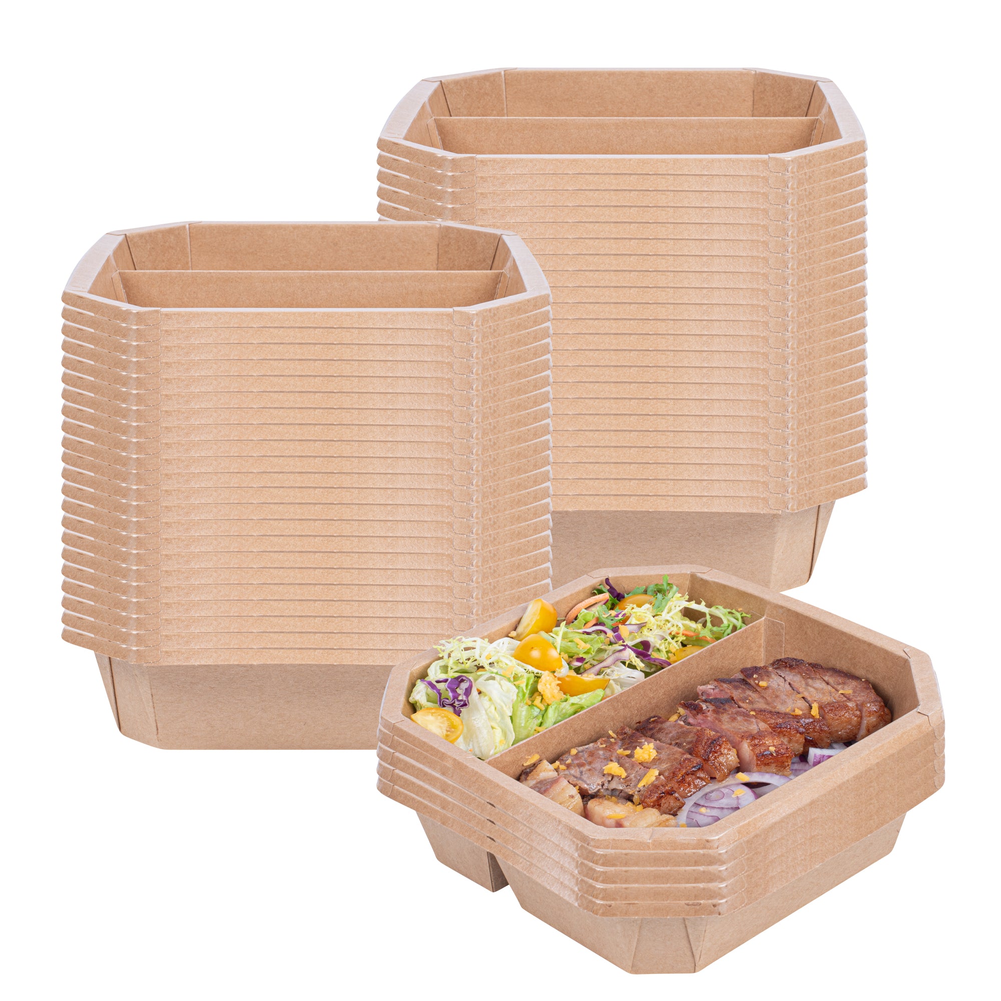 Sustain 41 oz Octagonal Kraft Paper Take Out Container - 2 Compartments, PLA Lining, Compostable - 7 3/4" x 7 3/4" x 2" - 100 count box