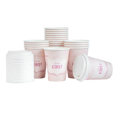 Restpresso 12 oz It's a Girl Paper Single Wall Coffee Cup - with White Lid - 3 1/2