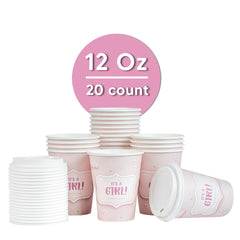 Restpresso 12 oz It's a Girl Paper Single Wall Coffee Cup - with White Lid - 3 1/2