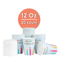 Restpresso 12 oz Happy Birthday Paper Single Wall Coffee Cup - with White Lid - 3 1/2