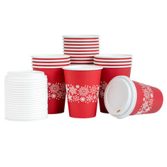 Restpresso 12 oz Red Christmas Snowflakes Paper Single Wall Coffee Cup - with White Lid - 3 1/2