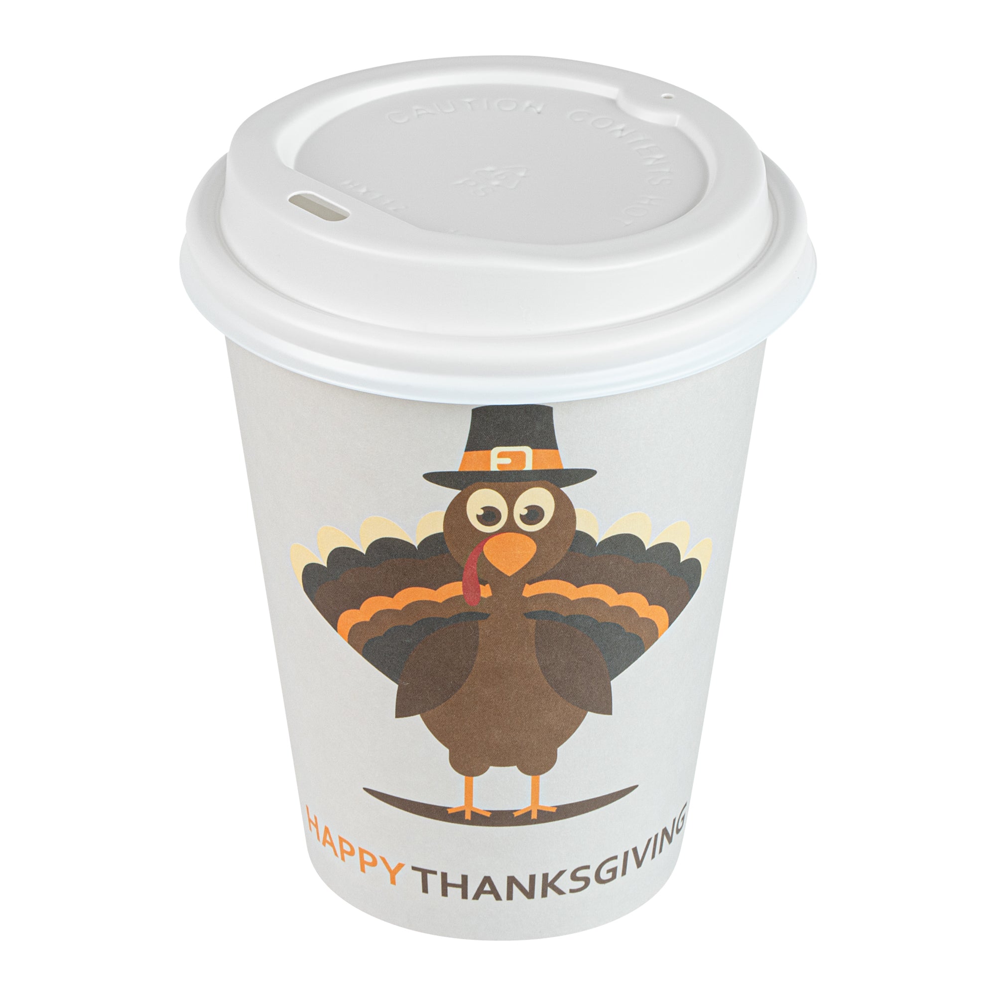 Restpresso 12 oz Happy Thanksgiving Paper Single Wall Coffee Cup - with White Lid - 3 1/2" x 3 1/2" x 4 3/4" - 400 count box