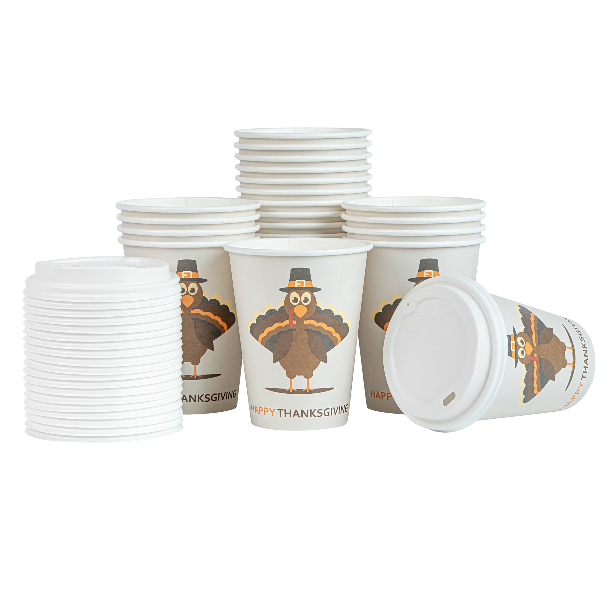 Restpresso 12 oz Happy Thanksgiving Paper Single Wall Coffee Cup - with White Lid - 3 1/2" x 3 1/2" x 4 3/4" - 400 count box