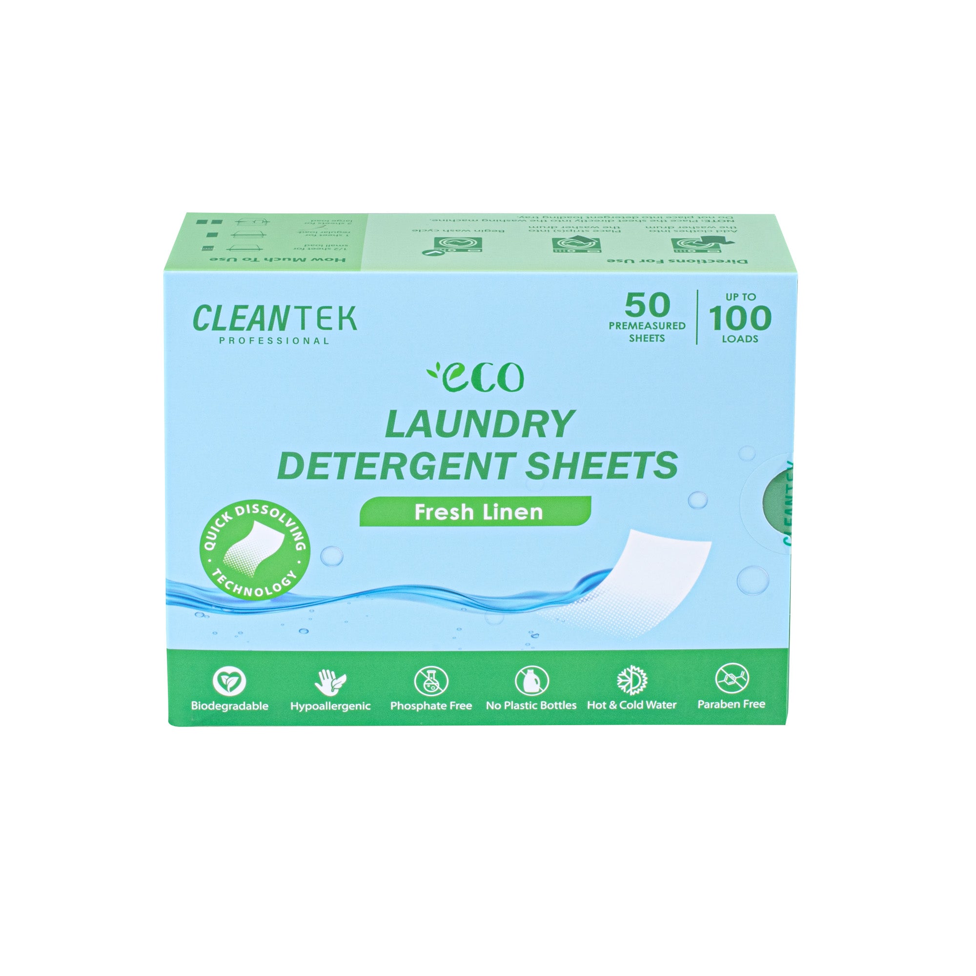 Clean Tek Professional Liquidless Laundry Detergent Sheet - Fresh Linen, Biodegradable, Hypoallergenic - 50 count box