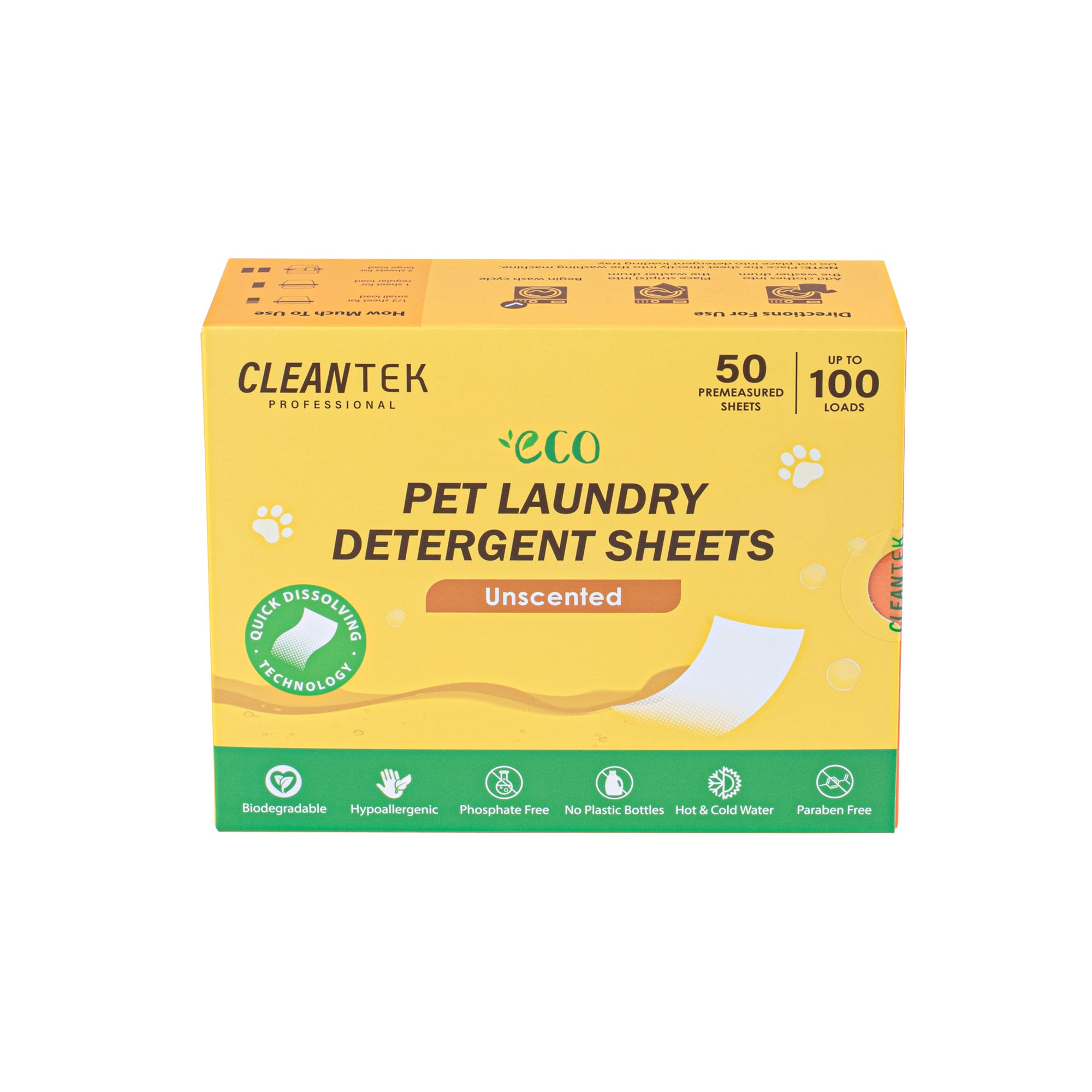 Clean Tek Professional Liquidless Pet Laundry Detergent Sheet - Unscented, Biodegradable, Hypoallergenic - 50 count box