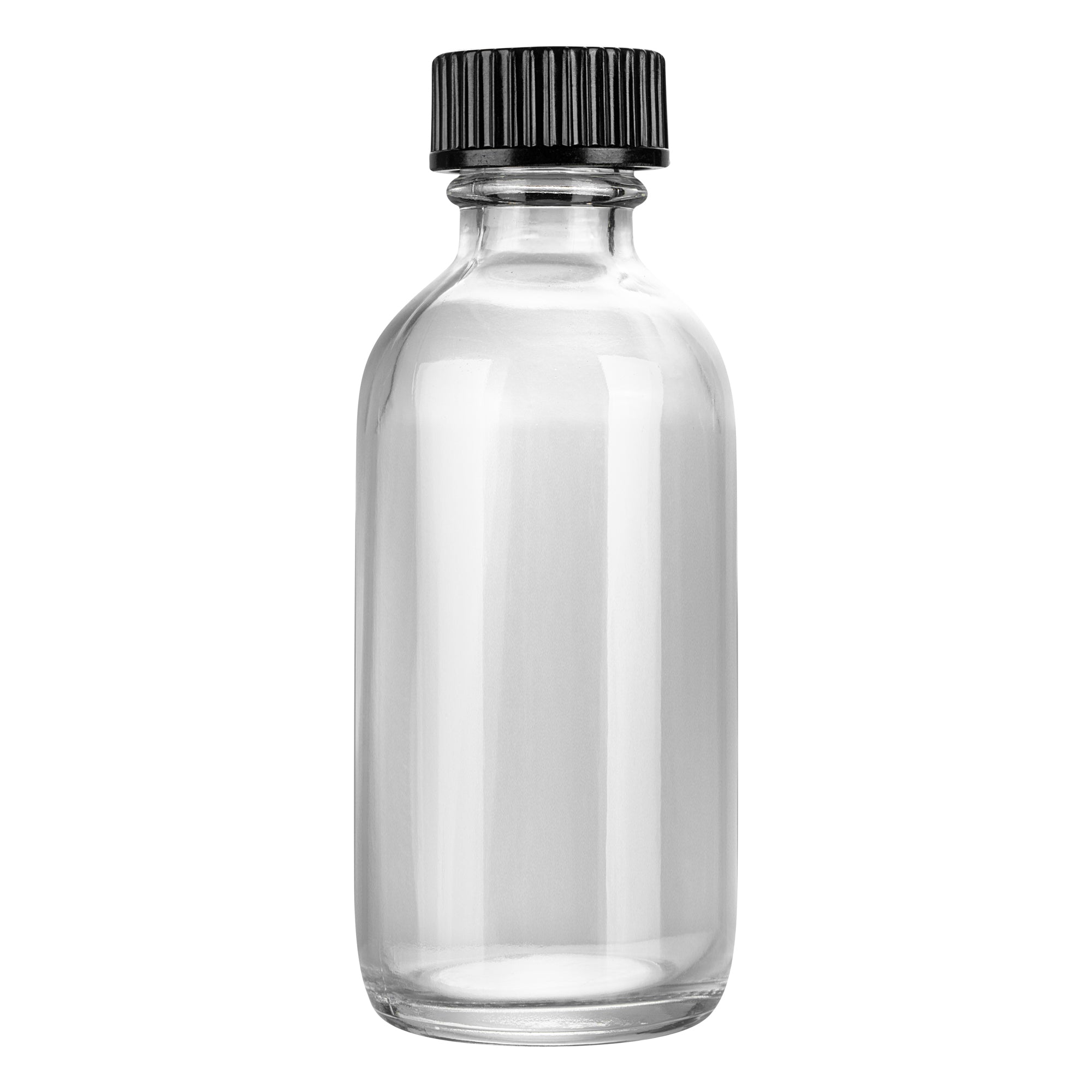 Vetri 2 oz Boston Round Clear Glass Bottle - with Black Phenolic Cap - 1 1/2" x 1 1/2" x 3 3/4" - 48 count box