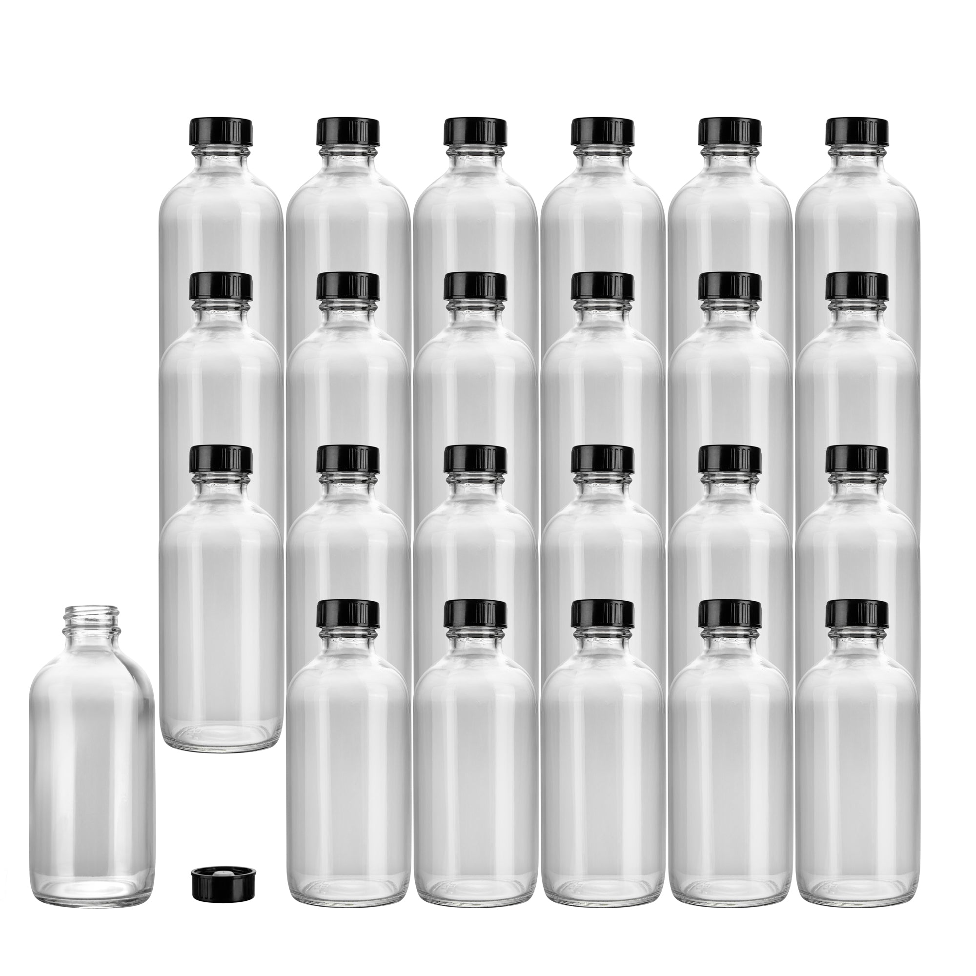 Vetri 8 oz Boston Round Clear Glass Bottle - with Black Phenolic Cap - 2 1/2" x 2 1/2" x 5 1/2" - 12 count box