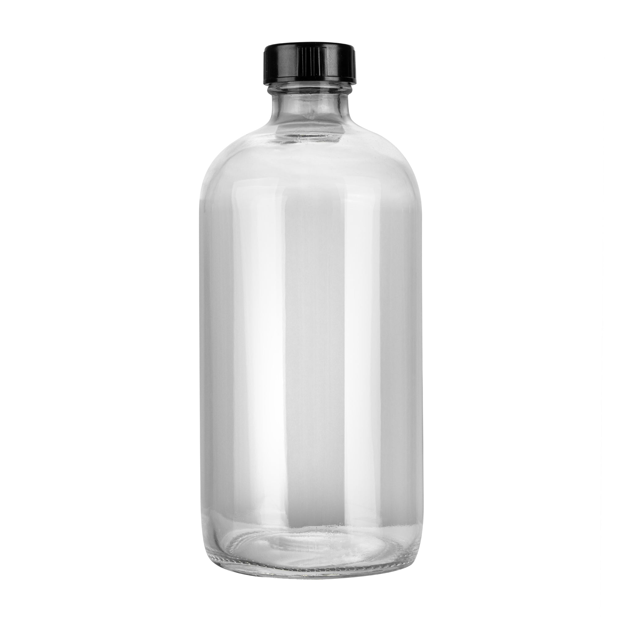 Vetri 16 oz Boston Round Clear Glass Bottle - with Black Phenolic Cap - 3" x 3" x 6 3/4" - 12 count box