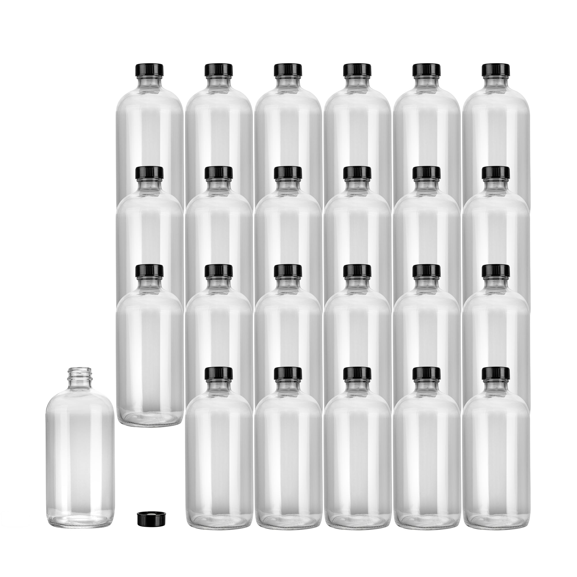 Vetri 16 oz Boston Round Clear Glass Bottle - with Black Phenolic Cap - 3" x 3" x 6 3/4" - 12 count box