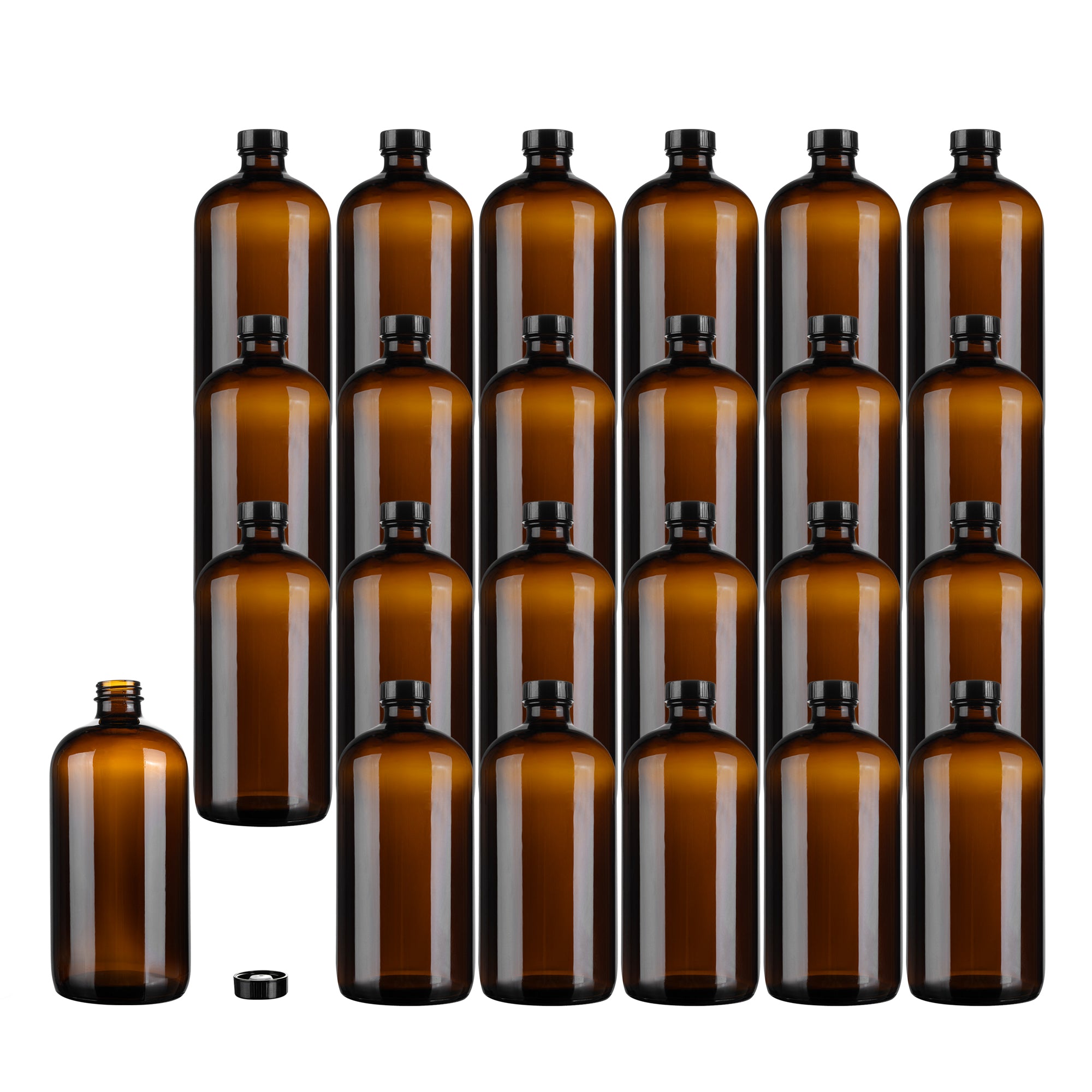 Vetri 32 oz Boston Round Amber Glass Bottle - with Black Phenolic Cap - 3 3/4" x 3 3/4" x 8" - 12 count box