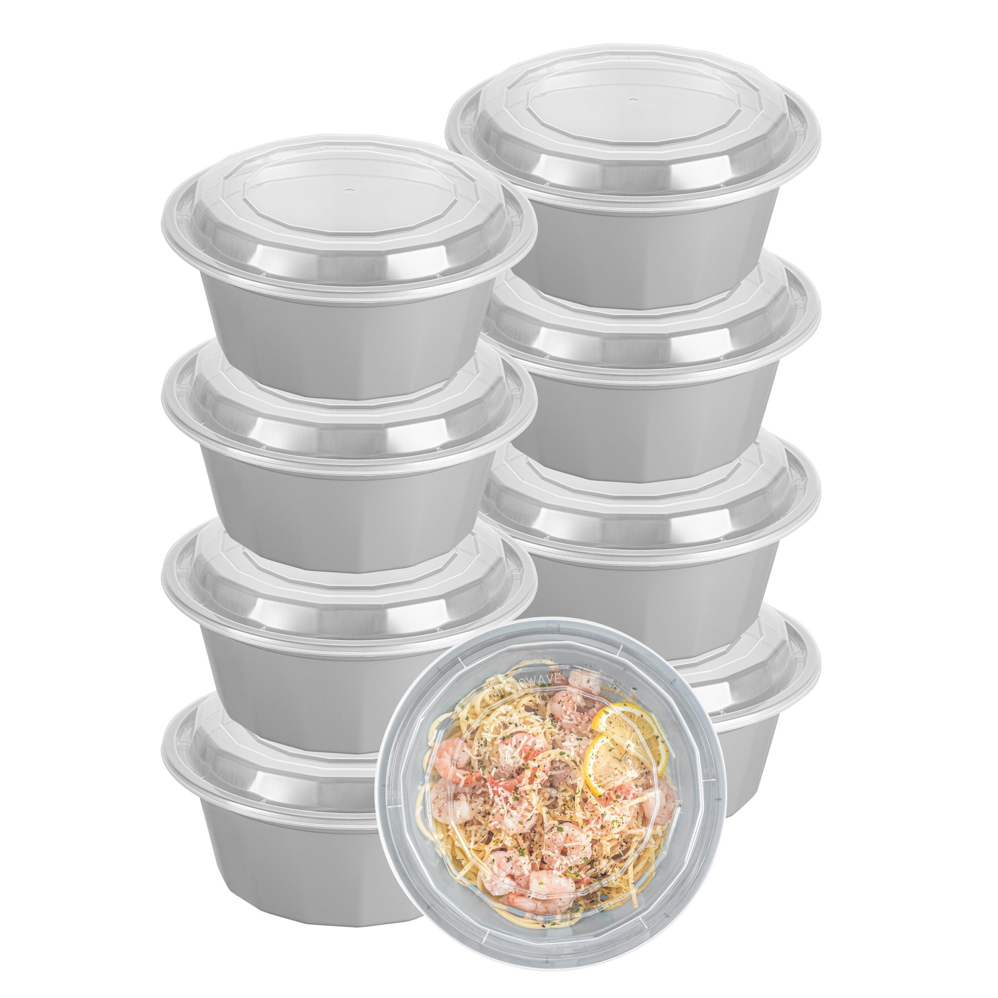 Asporto 32 oz Round Silver Plastic To Go Box - with Clear Lid, Microwavable - 7 1/4" x 7 1/4" x 3" - 100 count box