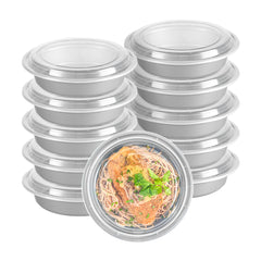 Asporto 48 oz Round Silver Plastic To Go Box - with Clear Lid, Microwavable - 9