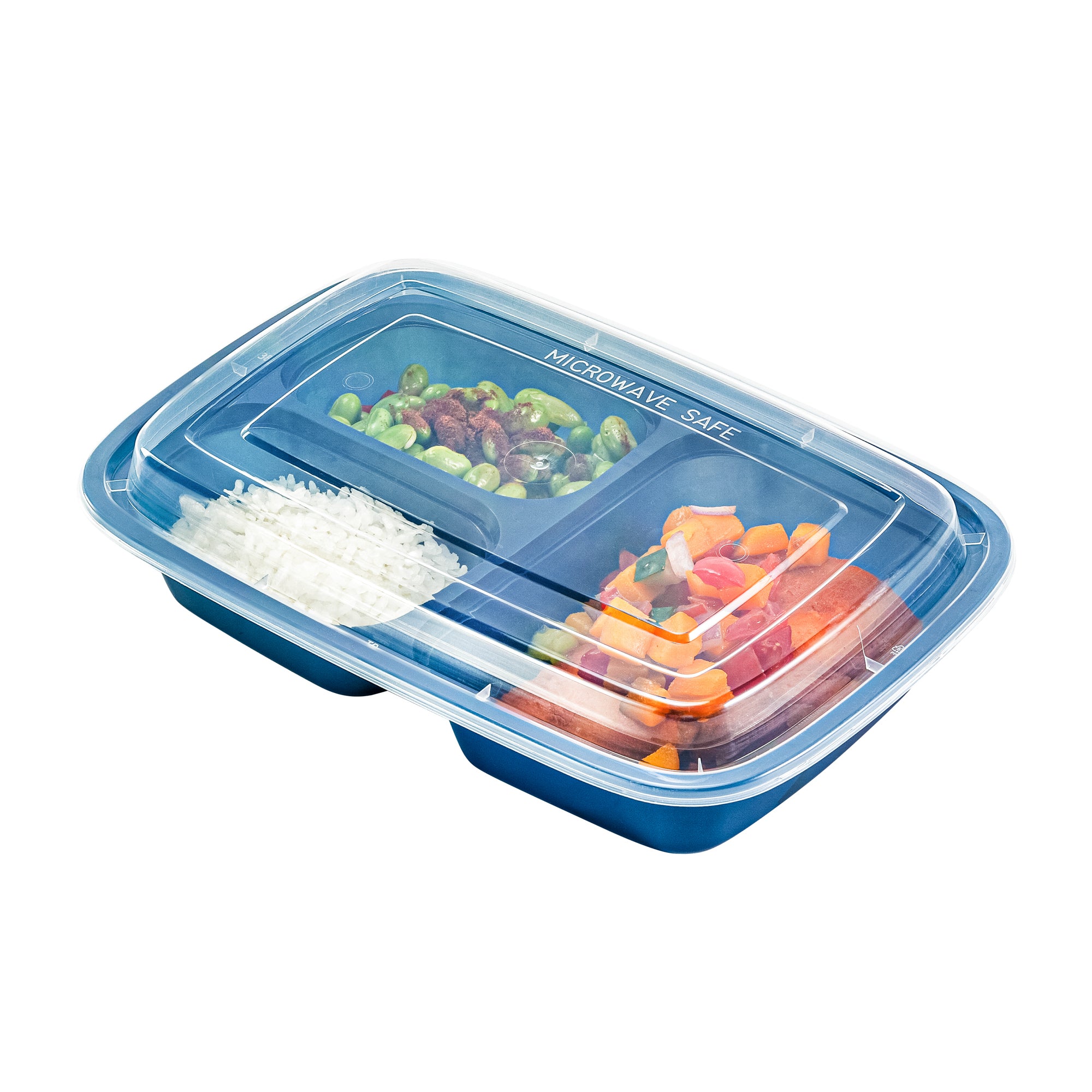 Asporto 26 oz Midnight Blue Plastic 3 Compartment Food Container - with Clear Lid, Microwavable - 8 3/4" x 6" x 1 3/4" - 100 count box