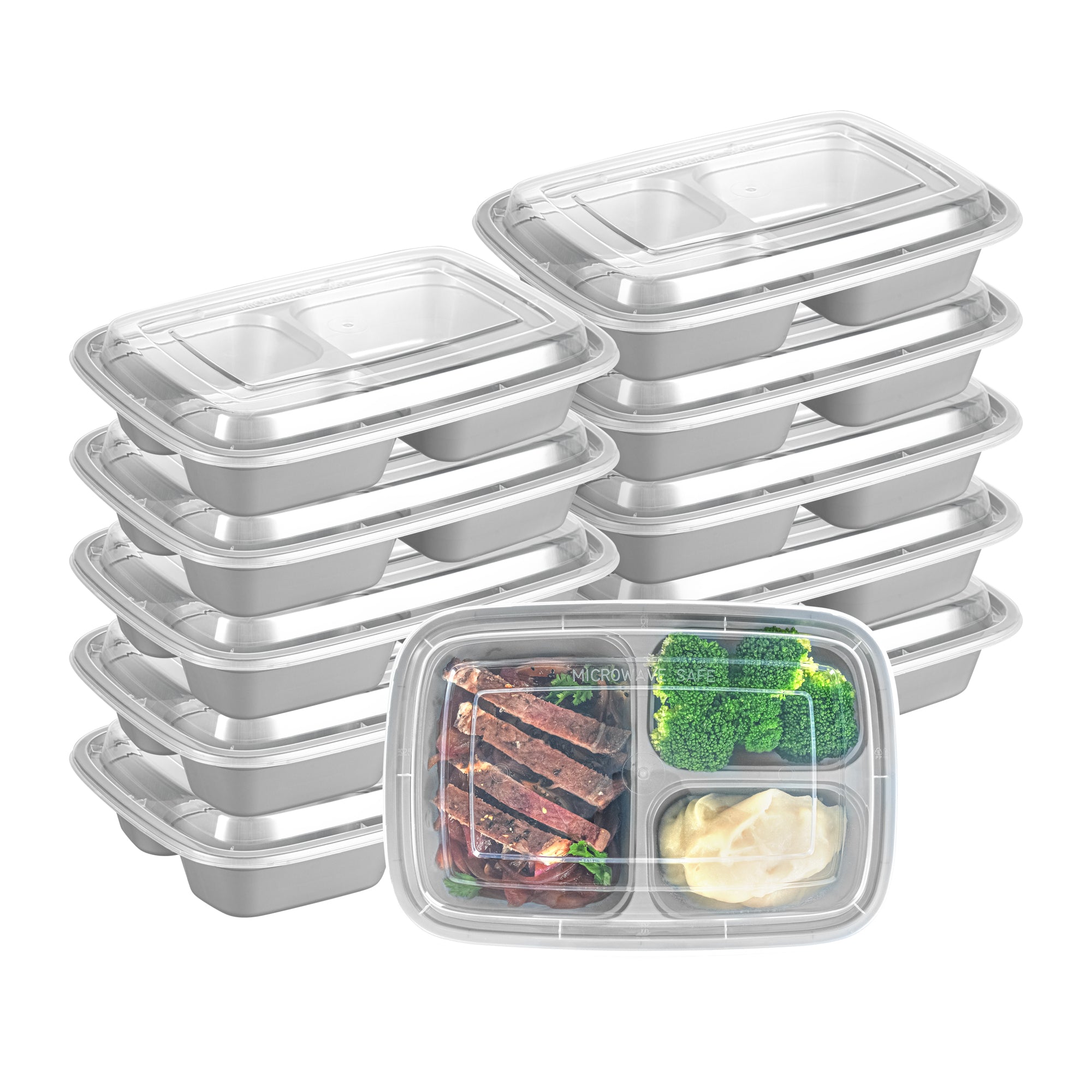 Asporto 26 oz Silver Plastic 3 Compartment Food Container - with Clear Lid, Microwavable - 8 3/4" x 6" x 1 3/4" - 100 count box