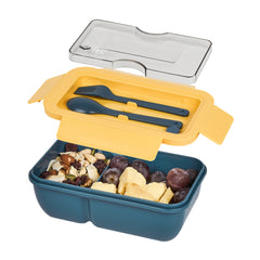 Bento Tek 29 oz Blue and Yellow Lunch Box - BPA-Free, Microwave-Safe, with Fork and Spoon - 7 3/4