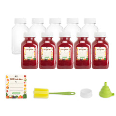 Bottle Tek 10 Square Clear 8 oz Plastic Juice Bottles with Safety Caps - Includes 10 Labels, 1 Funnel and 1 Cleaning Brush