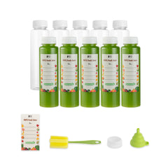 Bottle Tek 10 Round Clear 12 oz Plastic Juice Bottles with Safety Caps - Includes 10 Labels, 1 Funnel and 1 Cleaning Brush