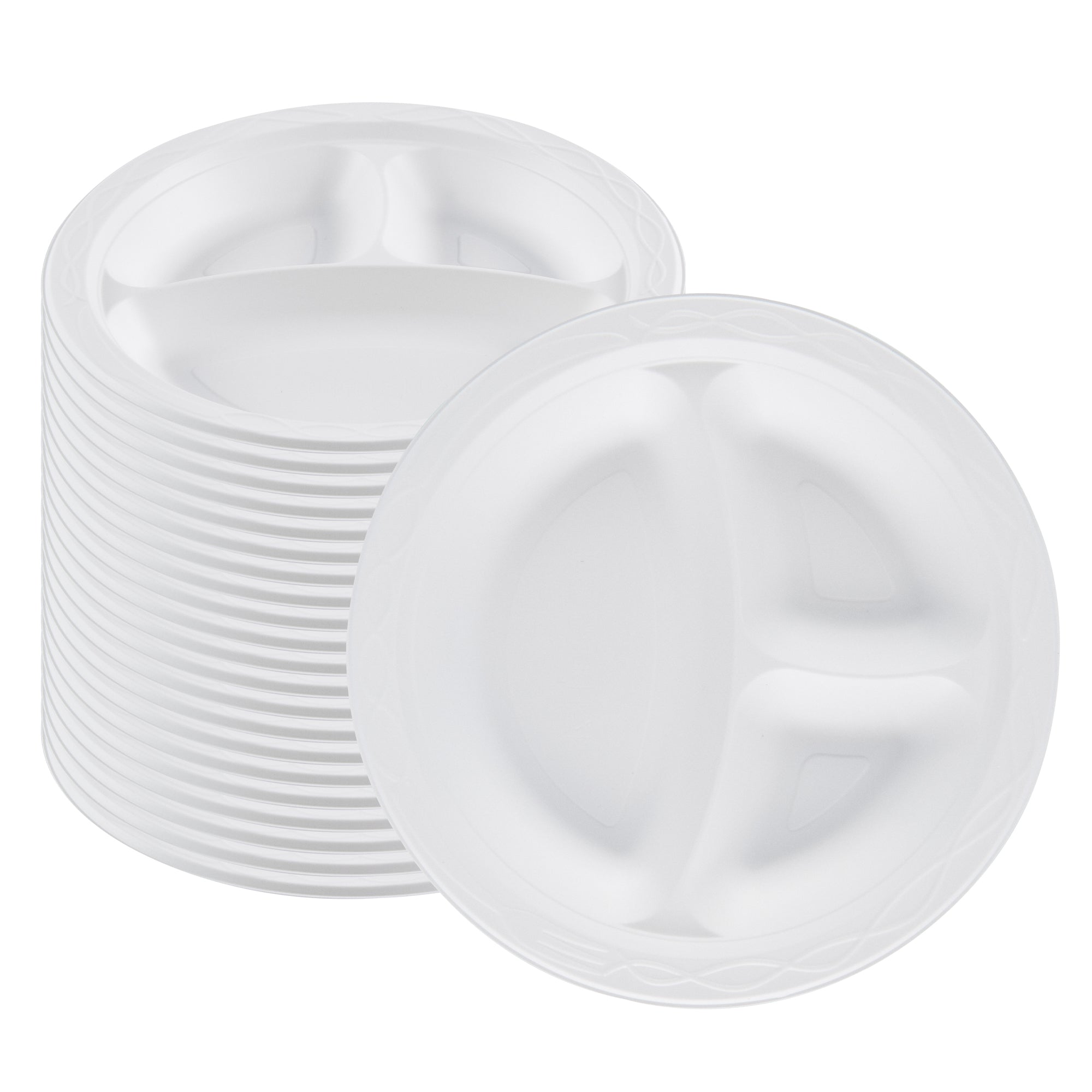 RW Base Round White Plastic Plate - 3 Compartments, Microwavable - 9" x 9" x 3/4" - 100 count box