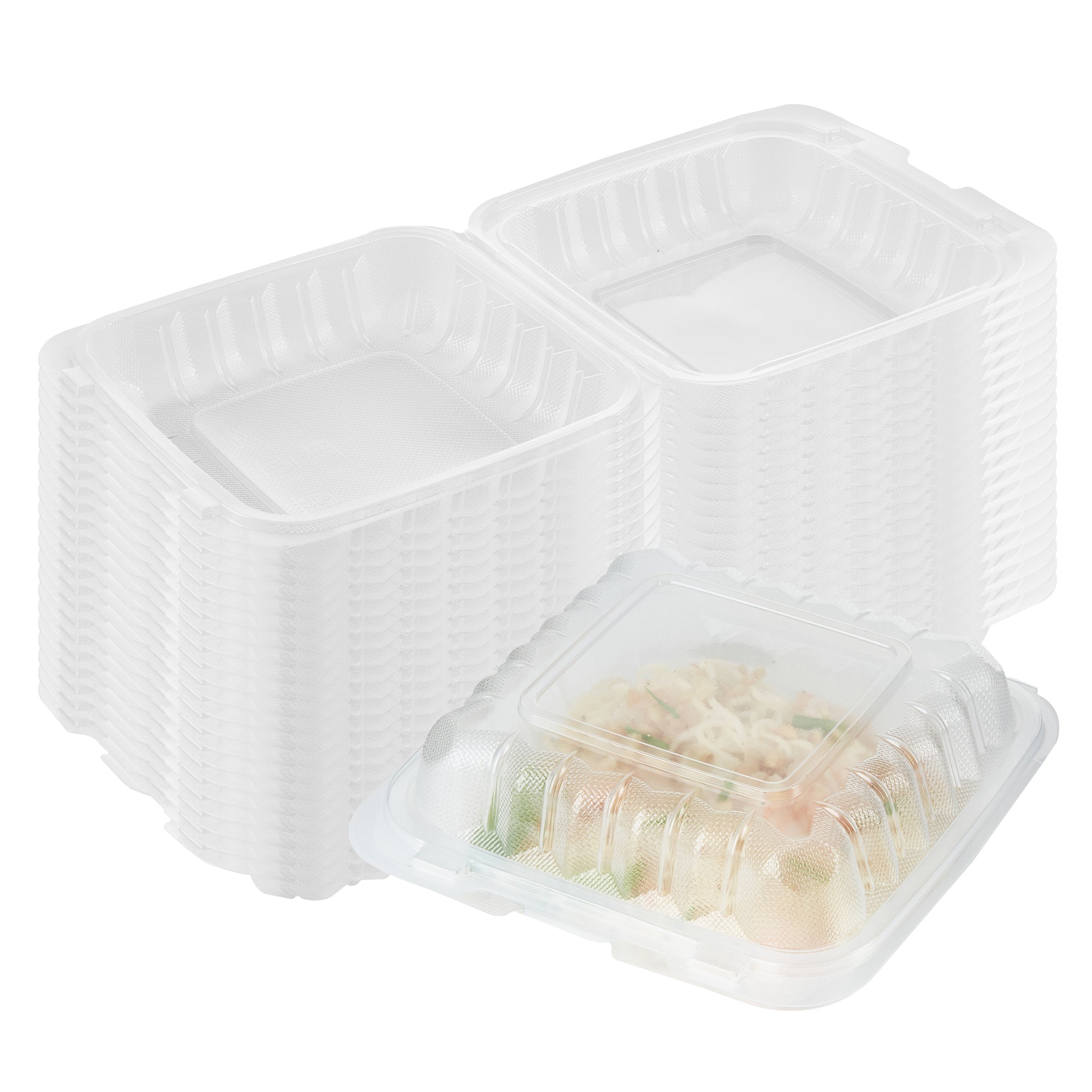 RW Base 30 oz Square Clear Plastic Clamshell Container - Anti-Fog, Microwavable - 7 1/2" x 7 1/2" x 2 3/4" - 100 count box