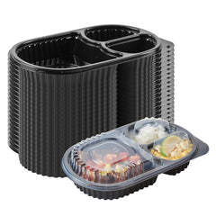 RW Base 19 oz Oval Black Plastic 3 Compartment Food Container - with Clear Lid, Microwavable - 9 1/4