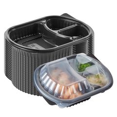 RW Base 27 oz Oval Black Plastic Food Container - with Clear Lid, 3 Compartments, Microwavable - 9 1/2